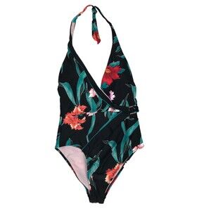 Nanette Lepore Poppy One Piece Swimsuit Black Floral Halter Size 12